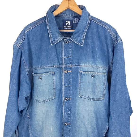 Kani Jeans Jacket Men's XL Button Front Blue Denim Distressed - Picture 1 of 15
